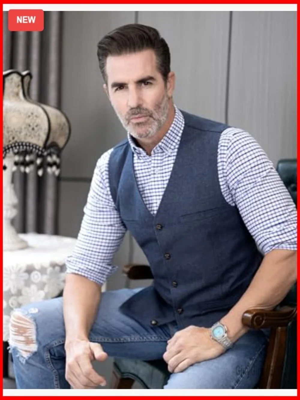 Men's Slim Fit Wool Tweed Vest, V-Neck, 5 Button, Pockets